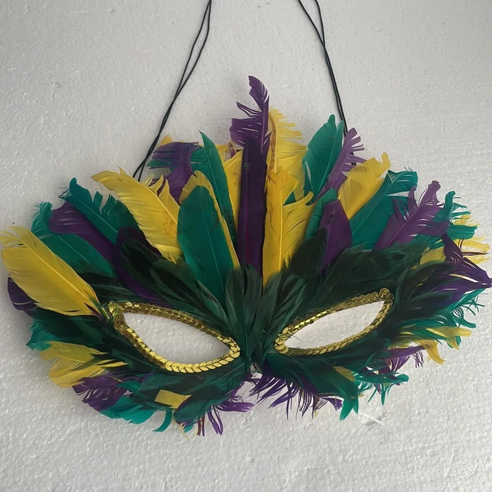 Feather mask sequins purple yellow green Halloween Mardi Gras cosplay theater